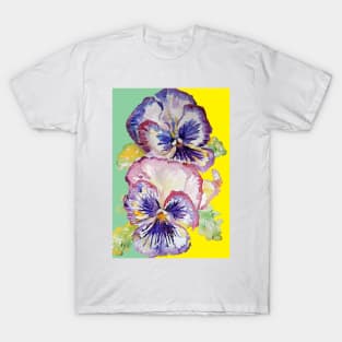 Purple Pansy Flower Watercolor Pattern on Green T-Shirt